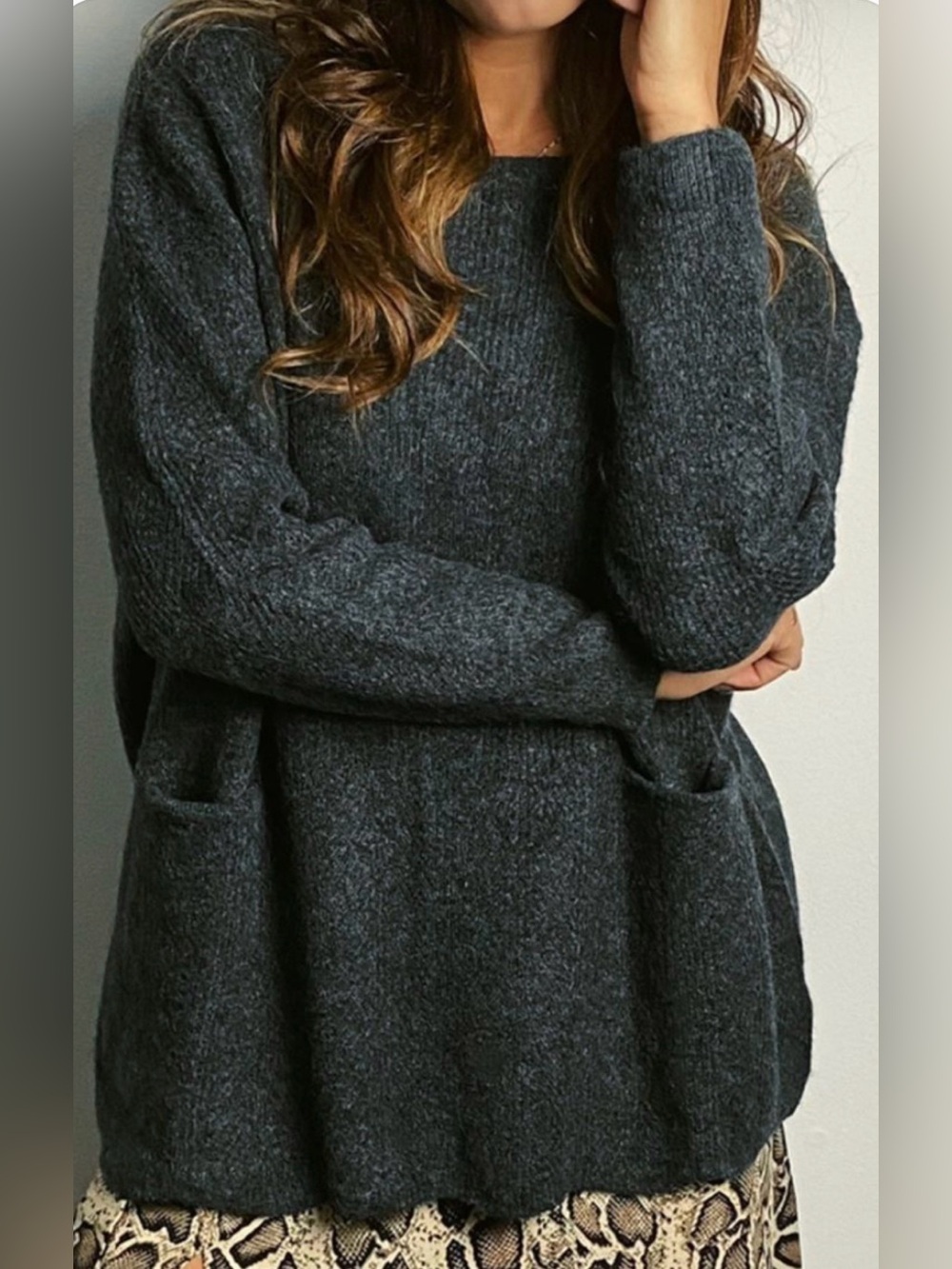 Charcoal Crewneck Pocket Sweater - Women's